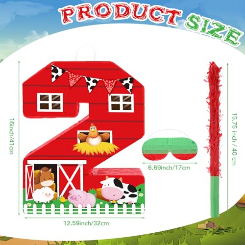 Hungdao Farm Birthday Piata Number Piata with Blindfold Bat and Confetti Farm Animal Piata for Boys Girls Birthday Party Decorations Barnyard Baby Shower Carnival Game SuppliesFarm Number 2 - Image 5