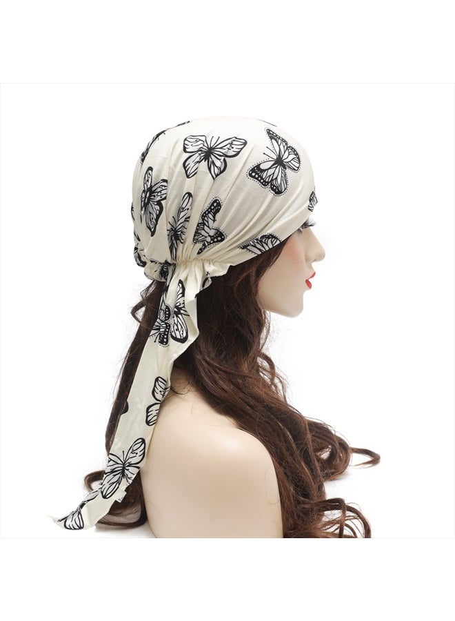 ZLYC غطاء رأس كيميائي مسبق الربط وشاح رأس خفيف الوزن عمامة قبعة للنساء (فراشة بيضاء) - Image 3
