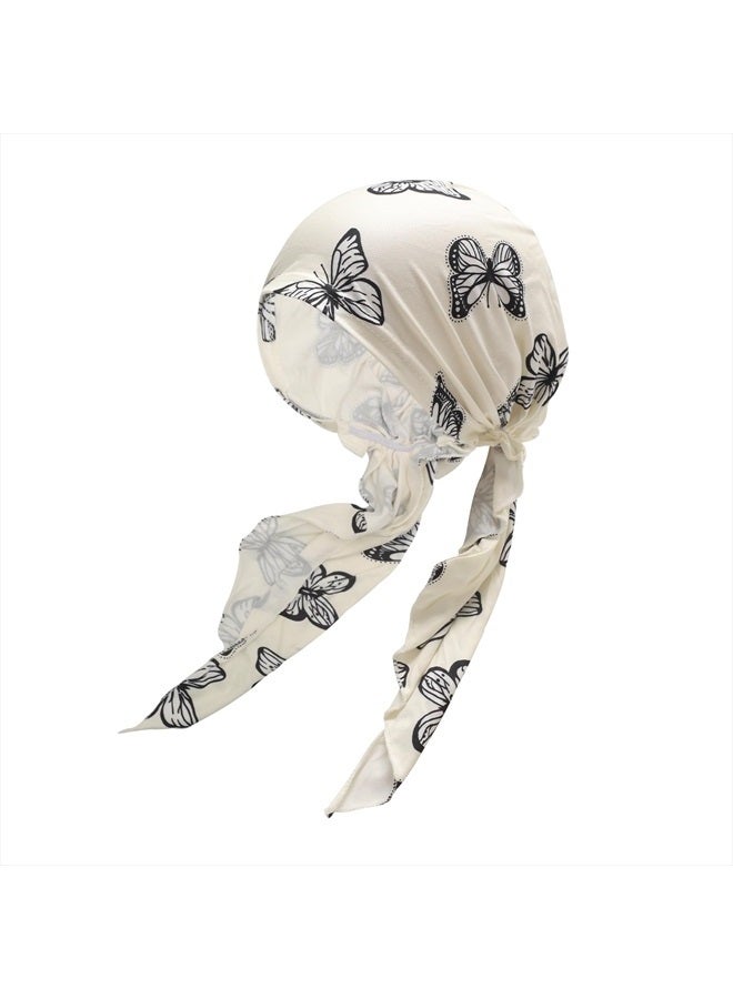 ZLYC غطاء رأس كيميائي مسبق الربط وشاح رأس خفيف الوزن عمامة قبعة للنساء (فراشة بيضاء) - Image 1