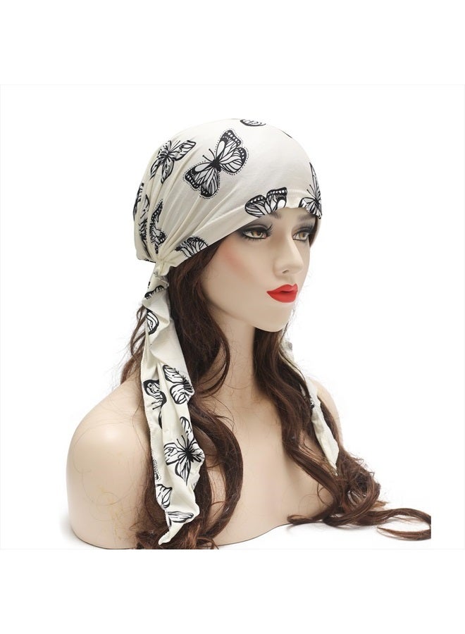 ZLYC غطاء رأس كيميائي مسبق الربط وشاح رأس خفيف الوزن عمامة قبعة للنساء (فراشة بيضاء) - Image 2