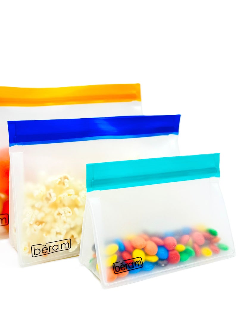 Beram Reusable Food Storage Bags, Reusable Sandwich Bags, Preserving Food Container, Peva Pouches, Food Storage Set, Cooking, Lunch, Snack, Baby Food Prep, Freezer Bags, Standing Ziplock Bags, 3 Travel Bags  - Image 3