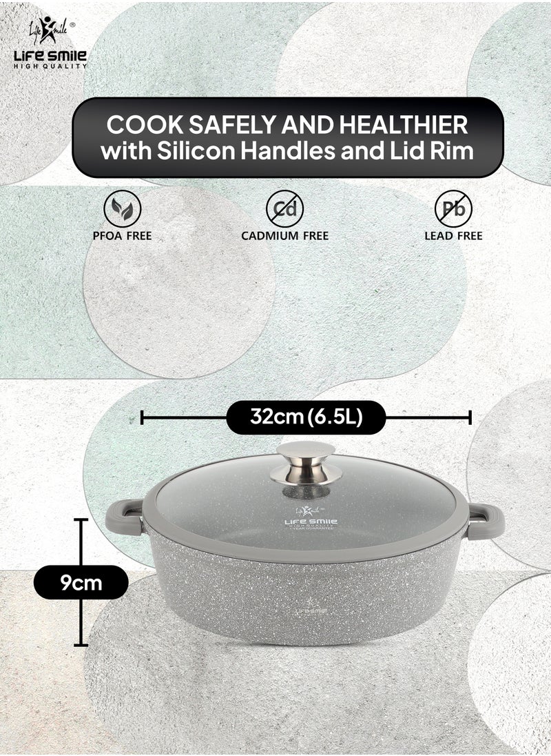 Life Smile 32cm (6.5 Liter) LIFE SMILE Shallow Pot - Multi Layer Non Stick Granite Coating 100% PFOA Free - Glass Lid With Silicone Rim - Detachable Silicone Handles - Oven Safe Frying Pan  - Image 3