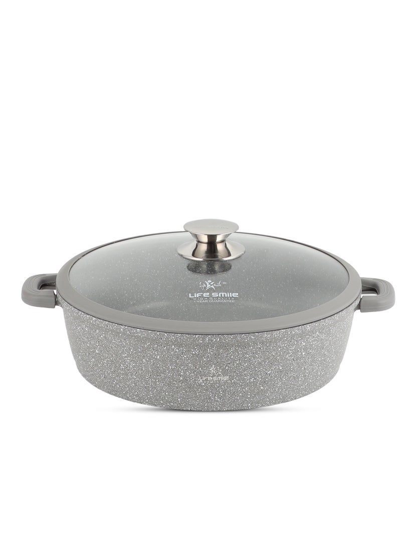 Life Smile 32cm (6.5 Liter) LIFE SMILE Shallow Pot - Multi Layer Non Stick Granite Coating 100% PFOA Free - Glass Lid With Silicone Rim - Detachable Silicone Handles - Oven Safe Frying Pan  - Image 1