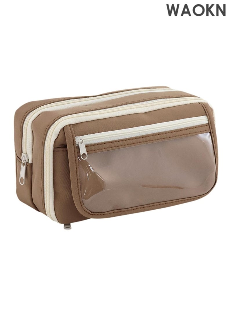 دبليو أيه أو كي أن حافظة أقلام قماشية أنيقة وحقيبة أدوات تجميل بسحاب إغلاق - حقيبة متينة متعددة الاستخدامات للمراهقين والأطفال والنساء والرجال، منظم لوازم مدرسية، حقيبة أدوات سفر أساسية، حقيبة مكياج، حامل أقلام قماشي بني، واسعة وخفيفة الوزن. - Image 4