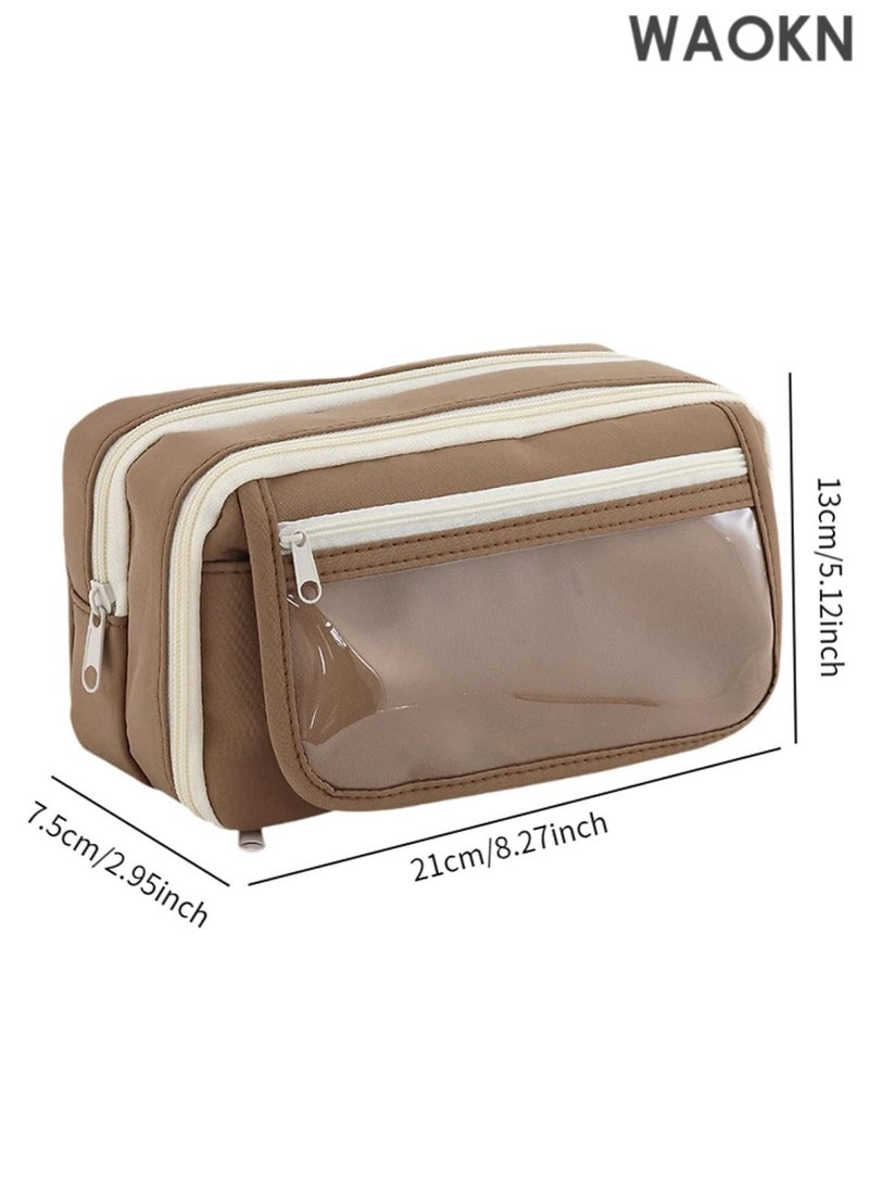 دبليو أيه أو كي أن حافظة أقلام قماشية أنيقة وحقيبة أدوات تجميل بسحاب إغلاق - حقيبة متينة متعددة الاستخدامات للمراهقين والأطفال والنساء والرجال، منظم لوازم مدرسية، حقيبة أدوات سفر أساسية، حقيبة مكياج، حامل أقلام قماشي بني، واسعة وخفيفة الوزن. - Image 2
