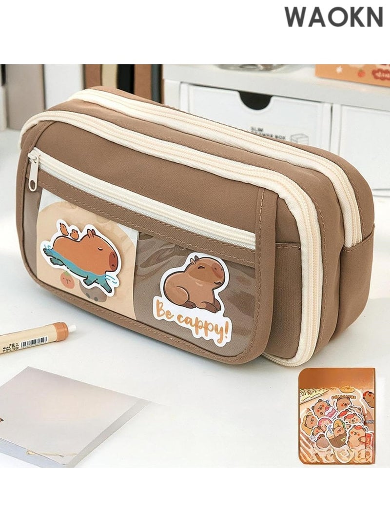 دبليو أيه أو كي أن حافظة أقلام قماشية أنيقة وحقيبة أدوات تجميل بسحاب إغلاق - حقيبة متينة متعددة الاستخدامات للمراهقين والأطفال والنساء والرجال، منظم لوازم مدرسية، حقيبة أدوات سفر أساسية، حقيبة مكياج، حامل أقلام قماشي بني، واسعة وخفيفة الوزن. - Image 3