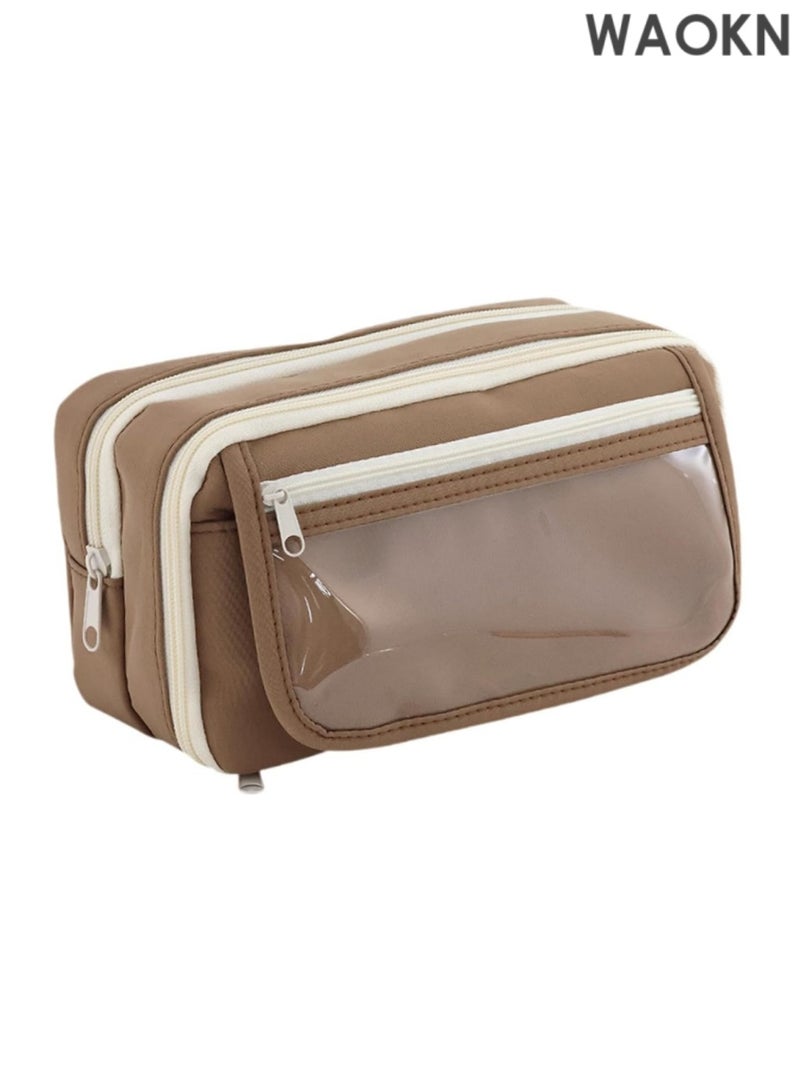 دبليو أيه أو كي أن حافظة أقلام قماشية أنيقة وحقيبة أدوات تجميل بسحاب إغلاق - حقيبة متينة متعددة الاستخدامات للمراهقين والأطفال والنساء والرجال، منظم لوازم مدرسية، حقيبة أدوات سفر أساسية، حقيبة مكياج، حامل أقلام قماشي بني، واسعة وخفيفة الوزن. - Image 1