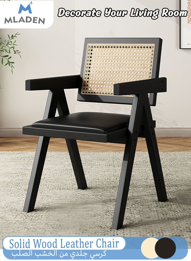 MLADEN كراسي طعام من الخشب الصلب، كرسي طعام متعدد الوظائف مع مسند للذراعين، كرسي مميز من منتصف القرن الحديث، كرسي بذراعين مبطن من جلد البولي يوريثان، مسند ظهر من شبكة قابلة للتهوية من الخيزران، مثالي لغرفة القراءة وغرفة النوم وغرفة المعيشة وغرفة الطعام والمطبخ (أسود) - Image 1