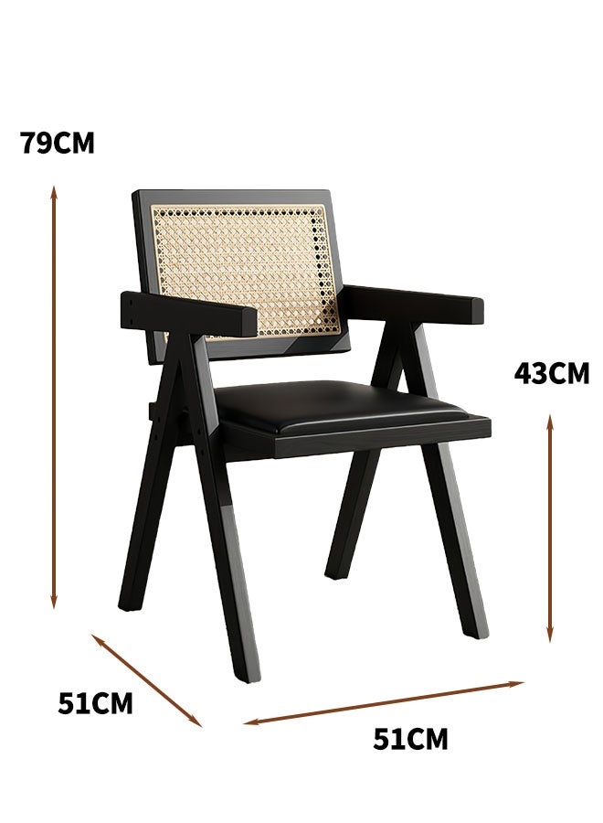 MLADEN كراسي طعام من الخشب الصلب، كرسي طعام متعدد الوظائف مع مسند للذراعين، كرسي مميز من منتصف القرن الحديث، كرسي بذراعين مبطن من جلد البولي يوريثان، مسند ظهر من شبكة قابلة للتهوية من الخيزران، مثالي لغرفة القراءة وغرفة النوم وغرفة المعيشة وغرفة الطعام والمطبخ (أسود) - Image 2