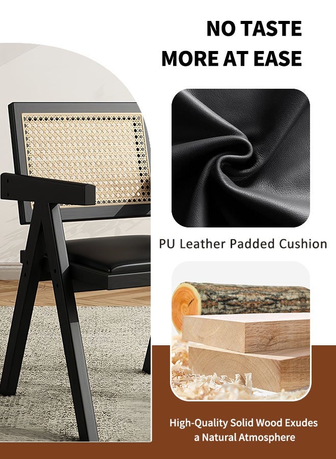 MLADEN كراسي طعام من الخشب الصلب، كرسي طعام متعدد الوظائف مع مسند للذراعين، كرسي مميز من منتصف القرن الحديث، كرسي بذراعين مبطن من جلد البولي يوريثان، مسند ظهر من شبكة قابلة للتهوية من الخيزران، مثالي لغرفة القراءة وغرفة النوم وغرفة المعيشة وغرفة الطعام والمطبخ (أسود) - Image 3