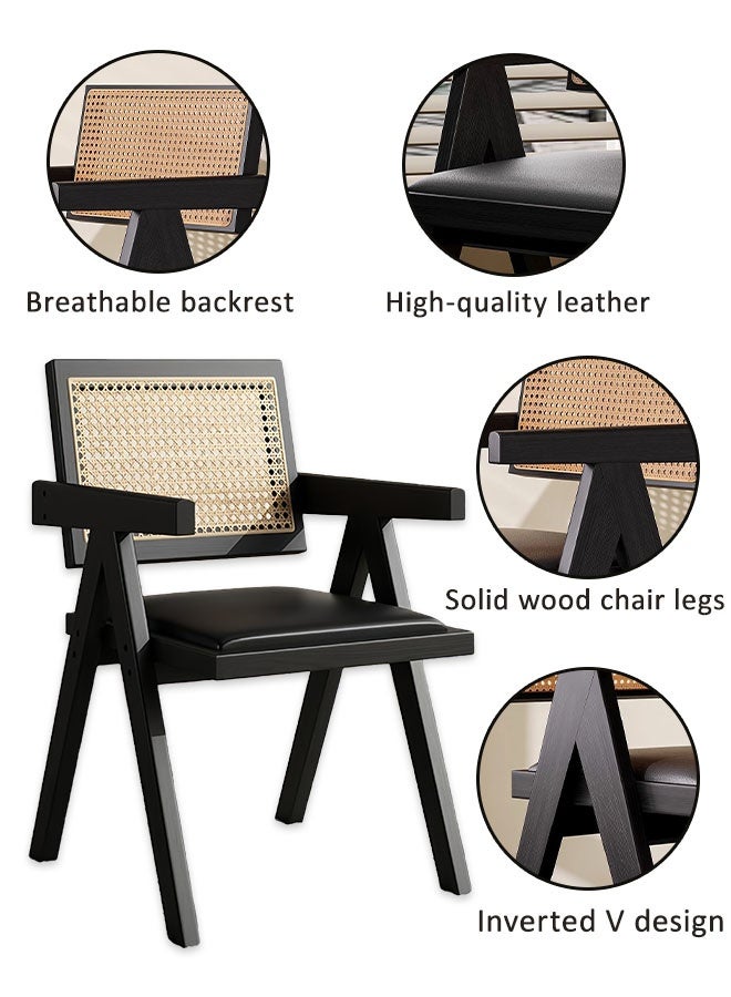 MLADEN كراسي طعام من الخشب الصلب، كرسي طعام متعدد الوظائف مع مسند للذراعين، كرسي مميز من منتصف القرن الحديث، كرسي بذراعين مبطن من جلد البولي يوريثان، مسند ظهر من شبكة قابلة للتهوية من الخيزران، مثالي لغرفة القراءة وغرفة النوم وغرفة المعيشة وغرفة الطعام والمطبخ (أسود) - Image 4
