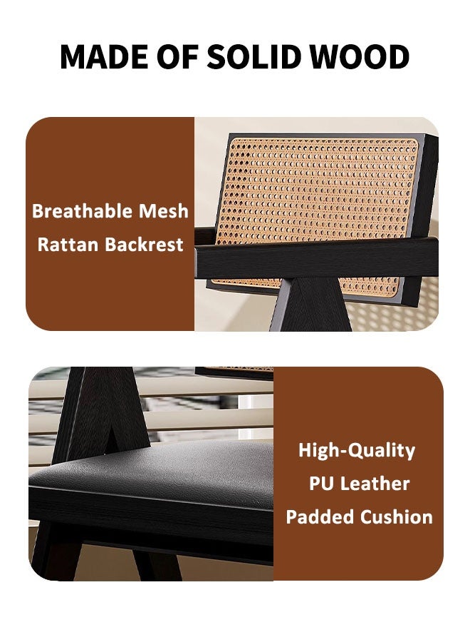 MLADEN كراسي طعام من الخشب الصلب، كرسي طعام متعدد الوظائف مع مسند للذراعين، كرسي مميز من منتصف القرن الحديث، كرسي بذراعين مبطن من جلد البولي يوريثان، مسند ظهر من شبكة قابلة للتهوية من الخيزران، مثالي لغرفة القراءة وغرفة النوم وغرفة المعيشة وغرفة الطعام والمطبخ (أسود) - Image 5