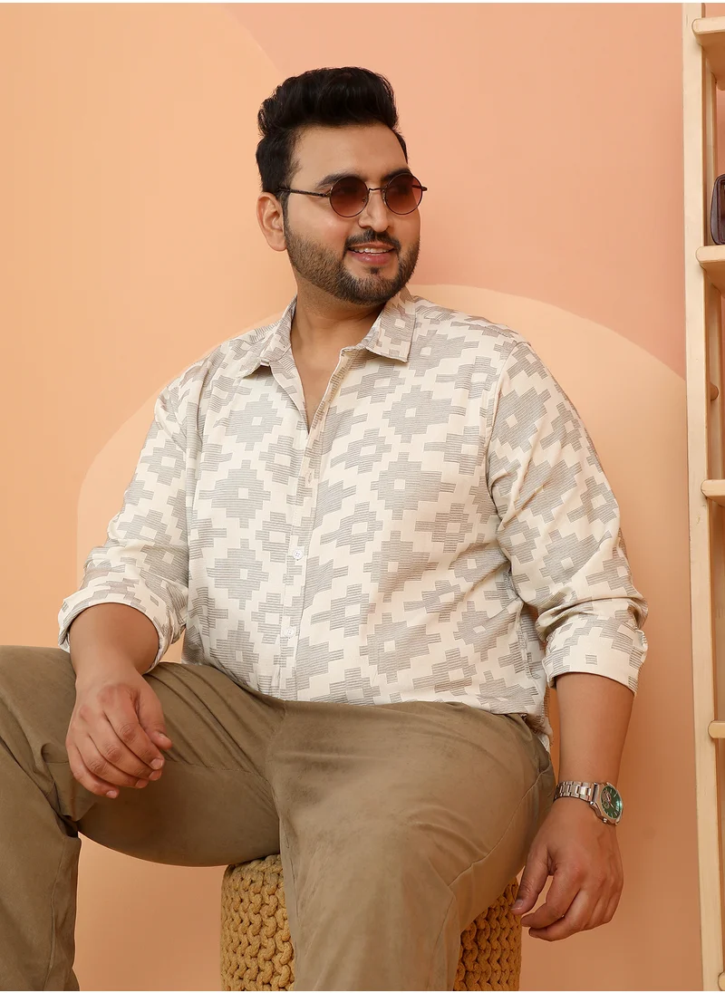 انستافاب بلس Instafab Plus Men's Saltbox Beige Woven Geoemetric-Steps Shirt For Casual Wear | Spread Collar | Long Cuffed Sleeves | Button Closure | Plus Size Shirt Crafted With Comfort Fit For Everyday Wear