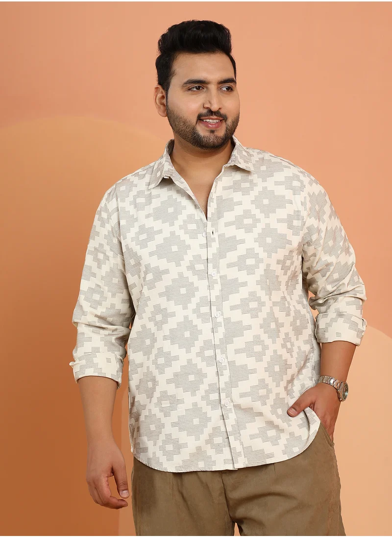 انستافاب بلس Instafab Plus Men's Saltbox Beige Woven Geoemetric-Steps Shirt For Casual Wear | Spread Collar | Long Cuffed Sleeves | Button Closure | Plus Size Shirt Crafted With Comfort Fit For Everyday Wear