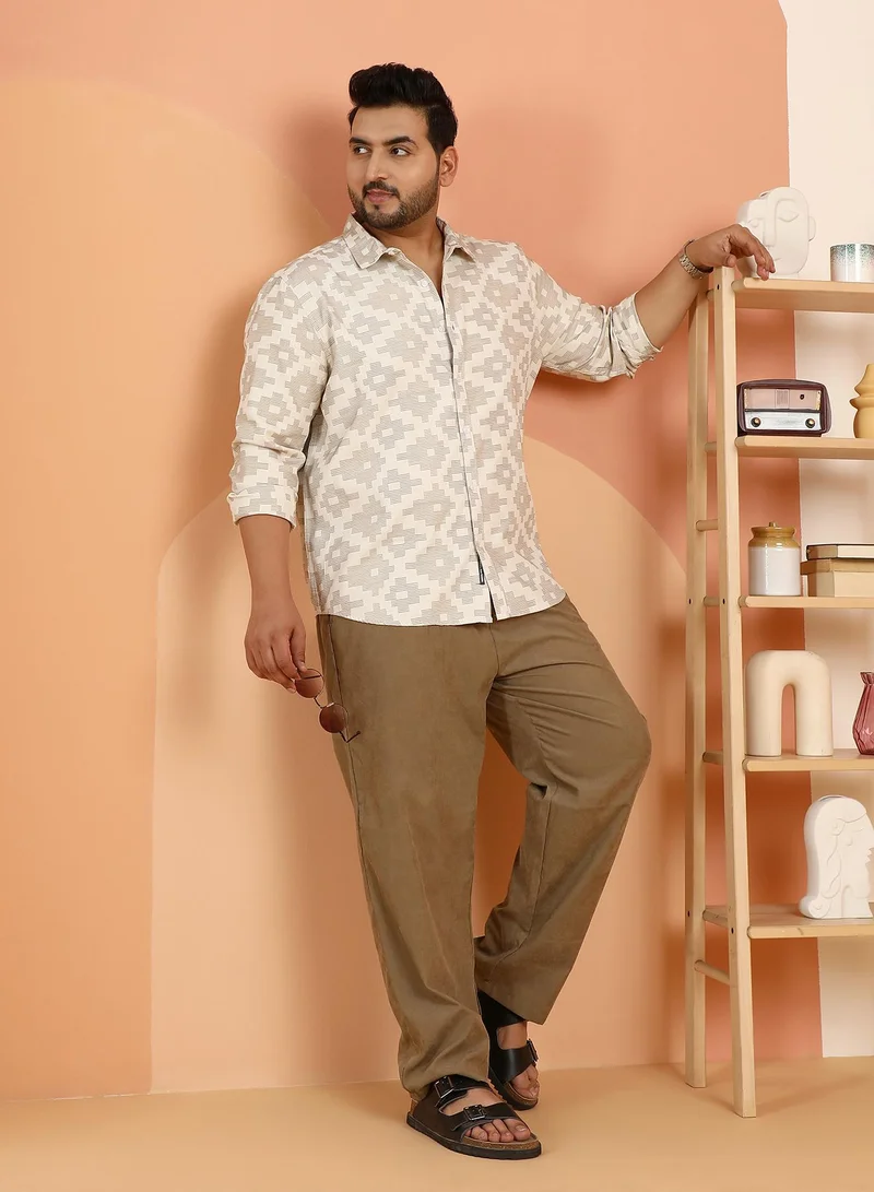Instafab Plus Instafab Plus Men's Saltbox Beige Woven Geoemetric-Steps Shirt For Casual Wear | Spread Collar | Long Cuffed Sleeves | Button Closure | Plus Size Shirt Crafted With Comfort Fit For Everyday Wear