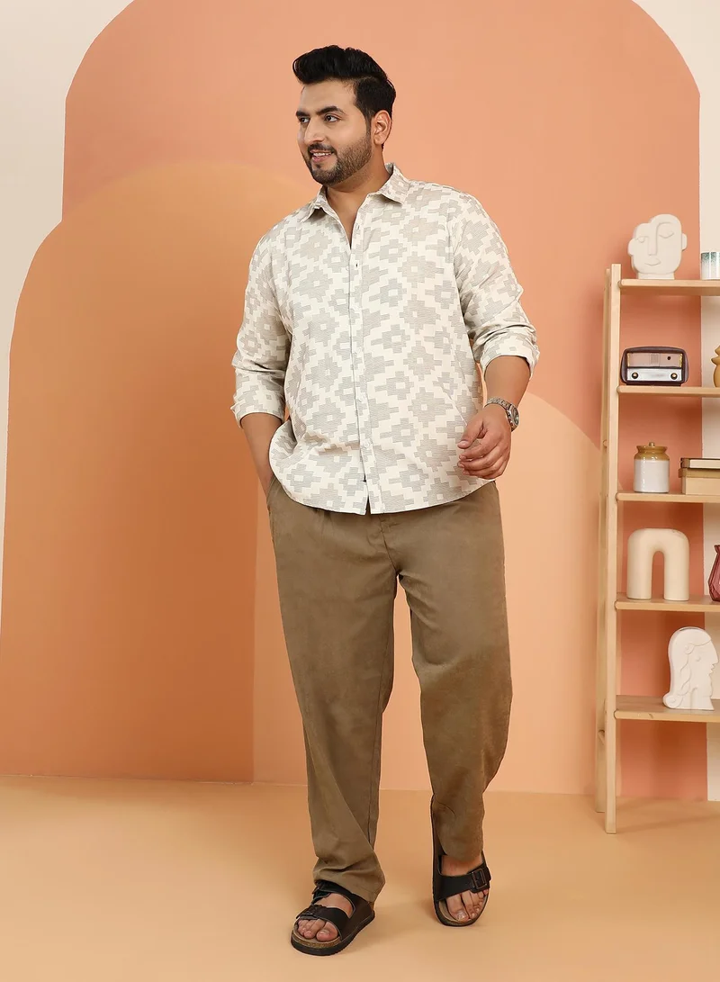 Instafab Plus Instafab Plus Men's Saltbox Beige Woven Geoemetric-Steps Shirt For Casual Wear | Spread Collar | Long Cuffed Sleeves | Button Closure | Plus Size Shirt Crafted With Comfort Fit For Everyday Wear