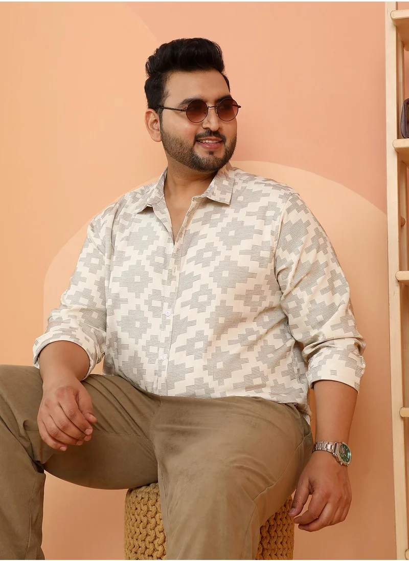 انستافاب بلس Instafab Plus Men's Saltbox Beige Woven Geoemetric-Steps Shirt For Casual Wear | Spread Collar | Long Cuffed Sleeves | Button Closure | Plus Size Shirt Crafted With Comfort Fit For Everyday Wear