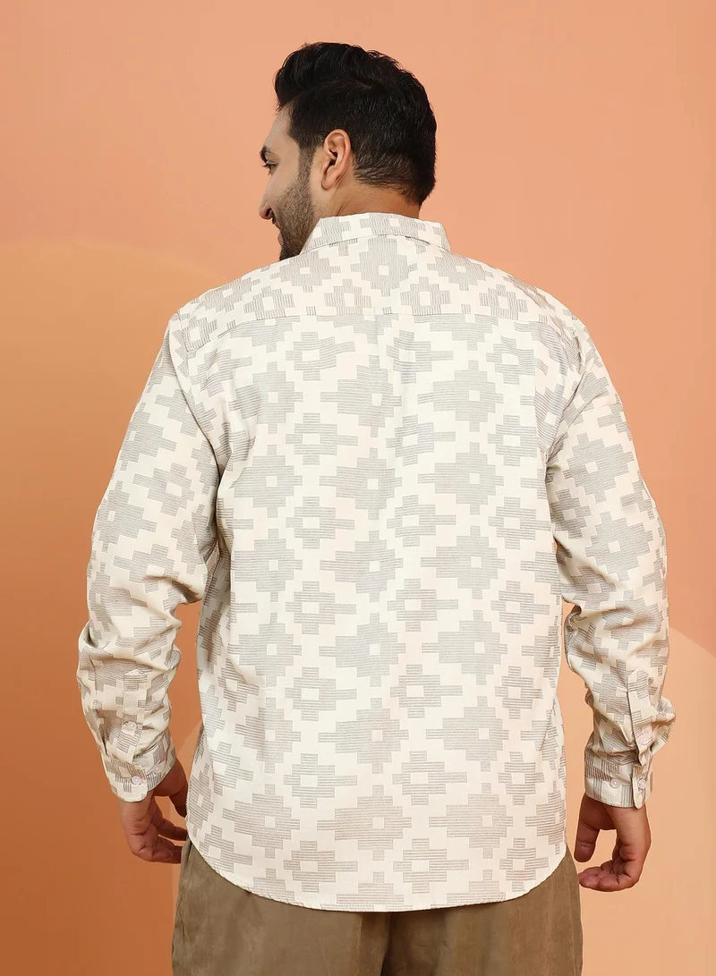 Instafab Plus Instafab Plus Men's Saltbox Beige Woven Geoemetric-Steps Shirt For Casual Wear | Spread Collar | Long Cuffed Sleeves | Button Closure | Plus Size Shirt Crafted With Comfort Fit For Everyday Wear