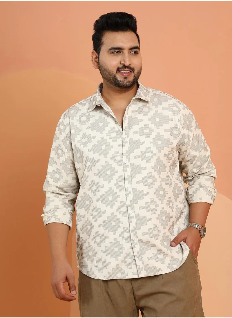 انستافاب بلس Instafab Plus Men's Saltbox Beige Woven Geoemetric-Steps Shirt For Casual Wear | Spread Collar | Long Cuffed Sleeves | Button Closure | Plus Size Shirt Crafted With Comfort Fit For Everyday Wear