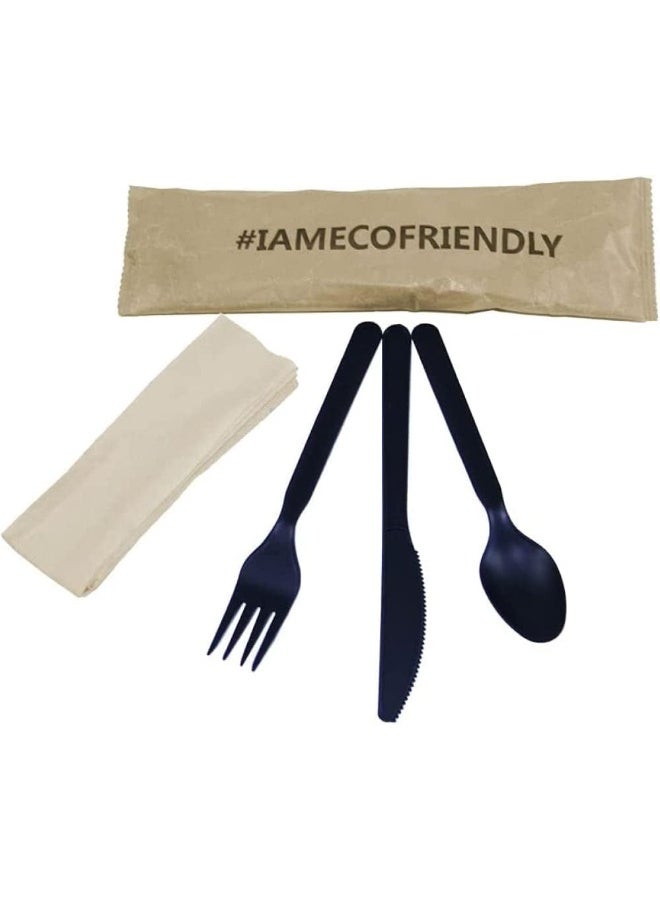 SNH Packing 100 Pieces Black Eco-Friendly Disposable Cutlery Set Fork, Spoon and Knife with Napkin - Image 1