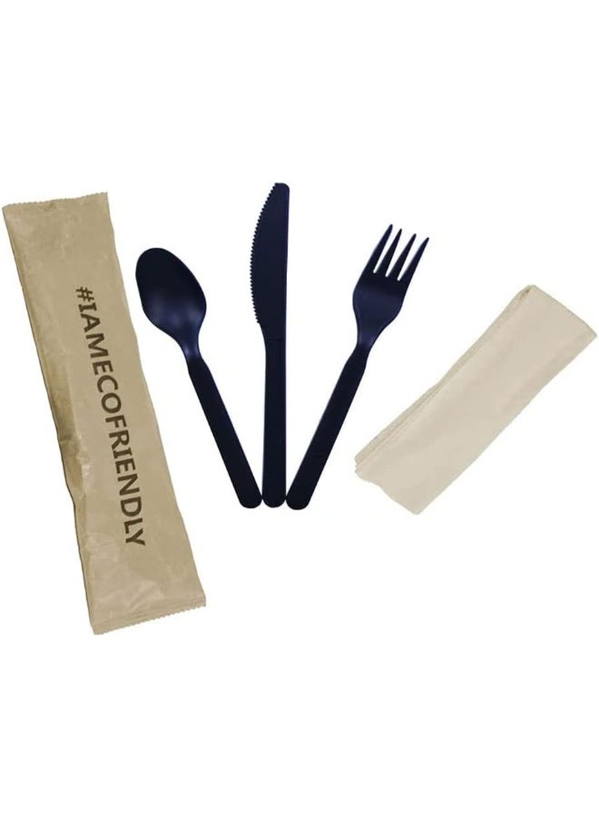 SNH Packing 100 Pieces Black Eco-Friendly Disposable Cutlery Set Fork, Spoon and Knife with Napkin - Image 5