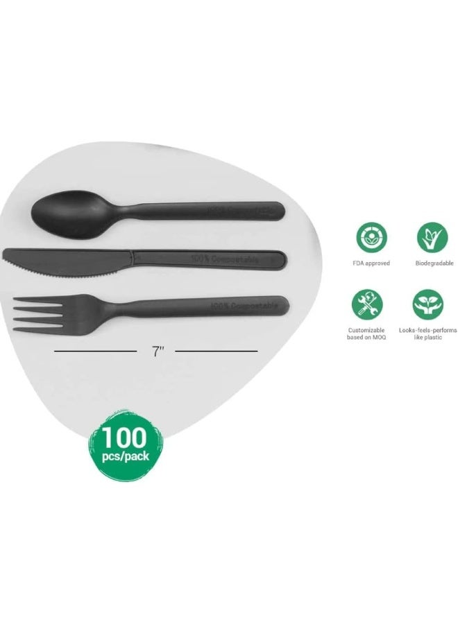 SNH Packing 100 Pieces Black Eco-Friendly Disposable Cutlery Set Fork, Spoon and Knife with Napkin - Image 2
