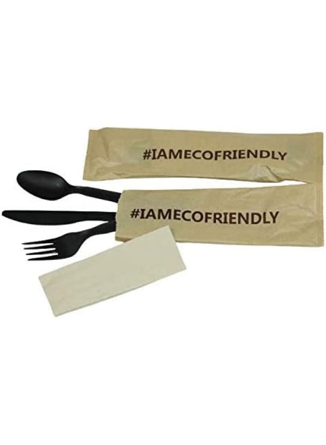 SNH Packing 100 Pieces Black Eco-Friendly Disposable Cutlery Set Fork, Spoon and Knife with Napkin - Image 4