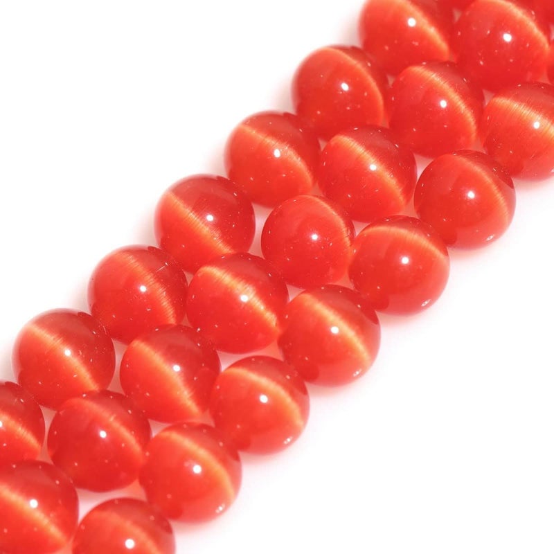 HAAMIIQII 45pcs 8mm Orange Red Cat Eye Beads Round Loose Gemstone Beads for Jewelry Making Strand 15 Inch