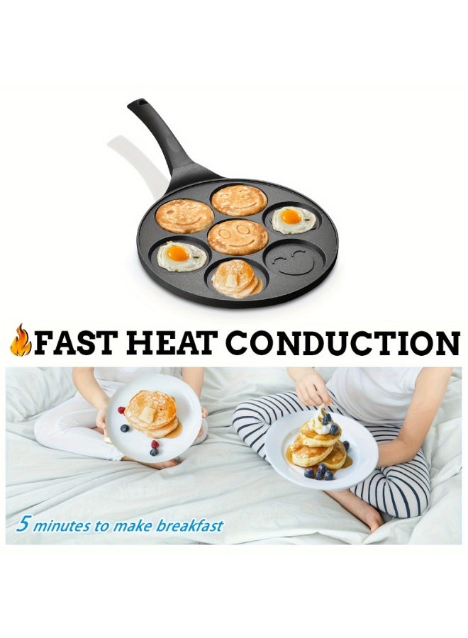 طنجرة بنكيك بسبعة فتحات بعبارات متصلة - طنجرة سوداء دليان غير متصلة للطهي، طنجرة متعددة الفتحات لبنكيك الفطور، البيض والأطعمة والخضروات، تصميم مسلي لوجبات العائلة - Image 5