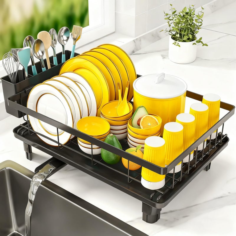 MERRYBOX Dish Drying Rack SpaceSaving Dish Racks for Kitchen Counter Rustproof Drying Rack Kitchen with Large Utensil Holder and Increased Feet 165 D x 114 W x 565 H Black