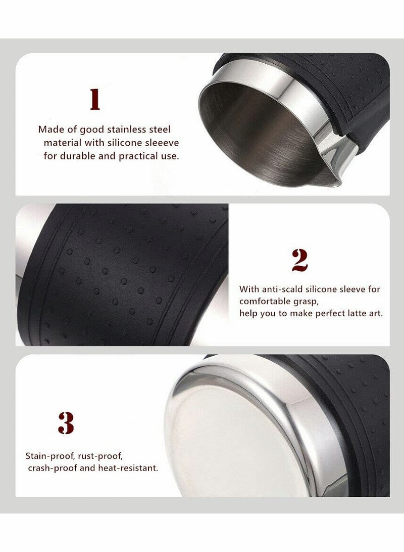 KASTWAVE Espresso Milk Frothing Pitcher, Stainless Steel Milk Frothing Pitcher 12OZ/350ML Coffee Milk Frother Cup With Heat Resistant Silicone Grip Pads for Espresso Machine, Milk Frother, Latte Art (Silver) - Image 4