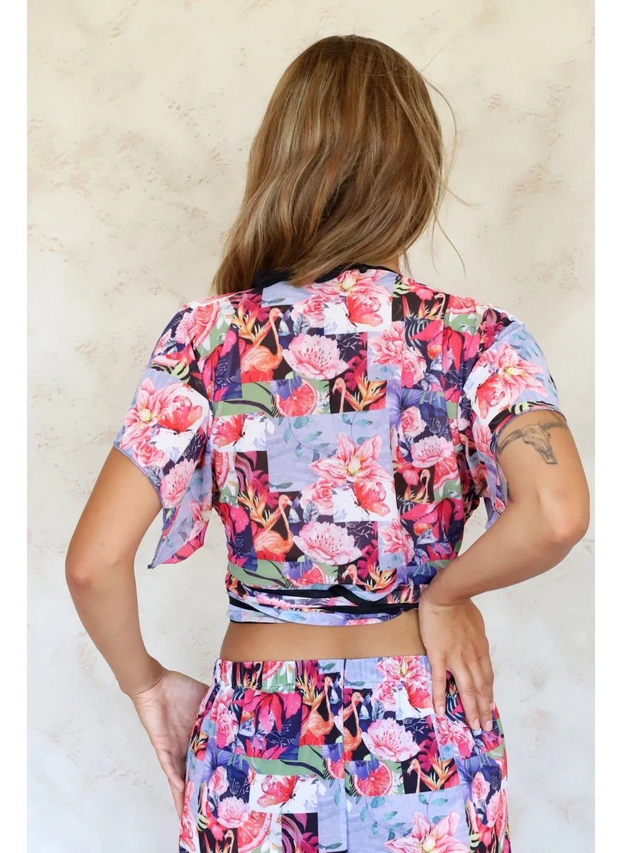 Hamur Dough Crop Cross Tie Detailed Beach Pareo Summer Tulle Chiffon Blouse Collage Red Std