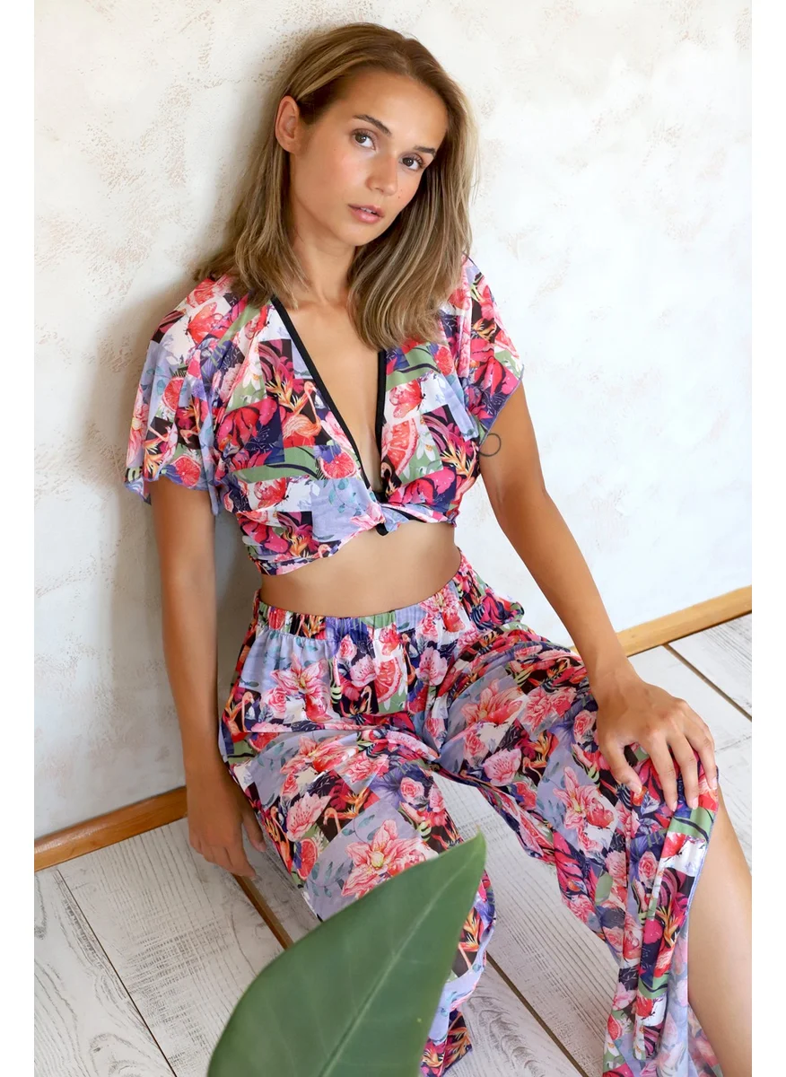 Hamur Dough Crop Cross Tie Detailed Beach Pareo Summer Tulle Chiffon Blouse Collage Red Std