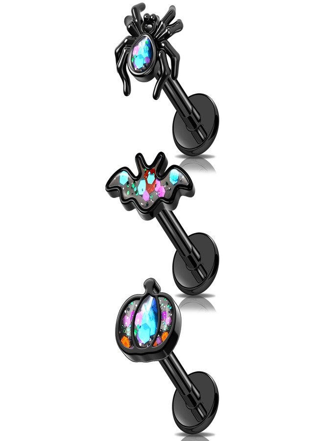 Melighting MeIighting 3PCS Black Helix Earrings 16G 8mm Bat Cartilage Earrings Internally Threaded Stainless Steel 316L Halloween Pumpkin Tragus Piercing Spider Flat Back Earring For Women - Image 1