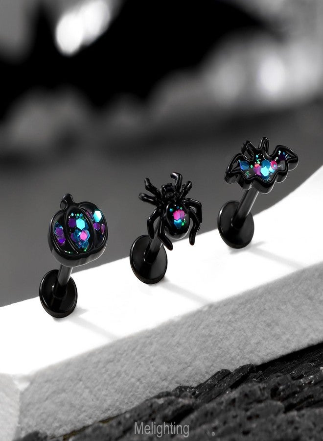 Melighting MeIighting 3PCS Black Helix Earrings 16G 8mm Bat Cartilage Earrings Internally Threaded Stainless Steel 316L Halloween Pumpkin Tragus Piercing Spider Flat Back Earring For Women - Image 3