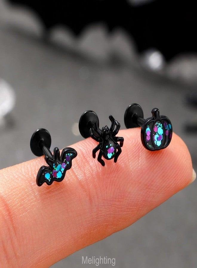 Melighting MeIighting 3PCS Black Helix Earrings 16G 8mm Bat Cartilage Earrings Internally Threaded Stainless Steel 316L Halloween Pumpkin Tragus Piercing Spider Flat Back Earring For Women - Image 2