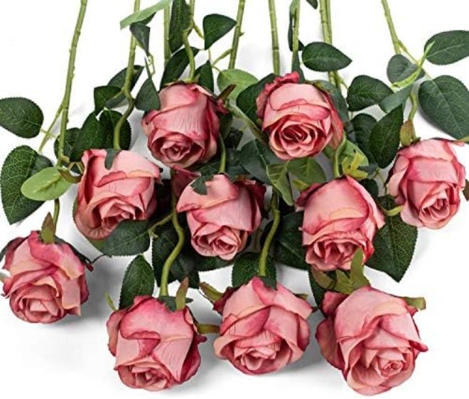 Flojery 10pcs Artificial Rose Flowers Long Stem Fake Silk Roses for DIY Wedding Bouquet Table Centerpiece Home Decor (Light  Pink) - Image 3