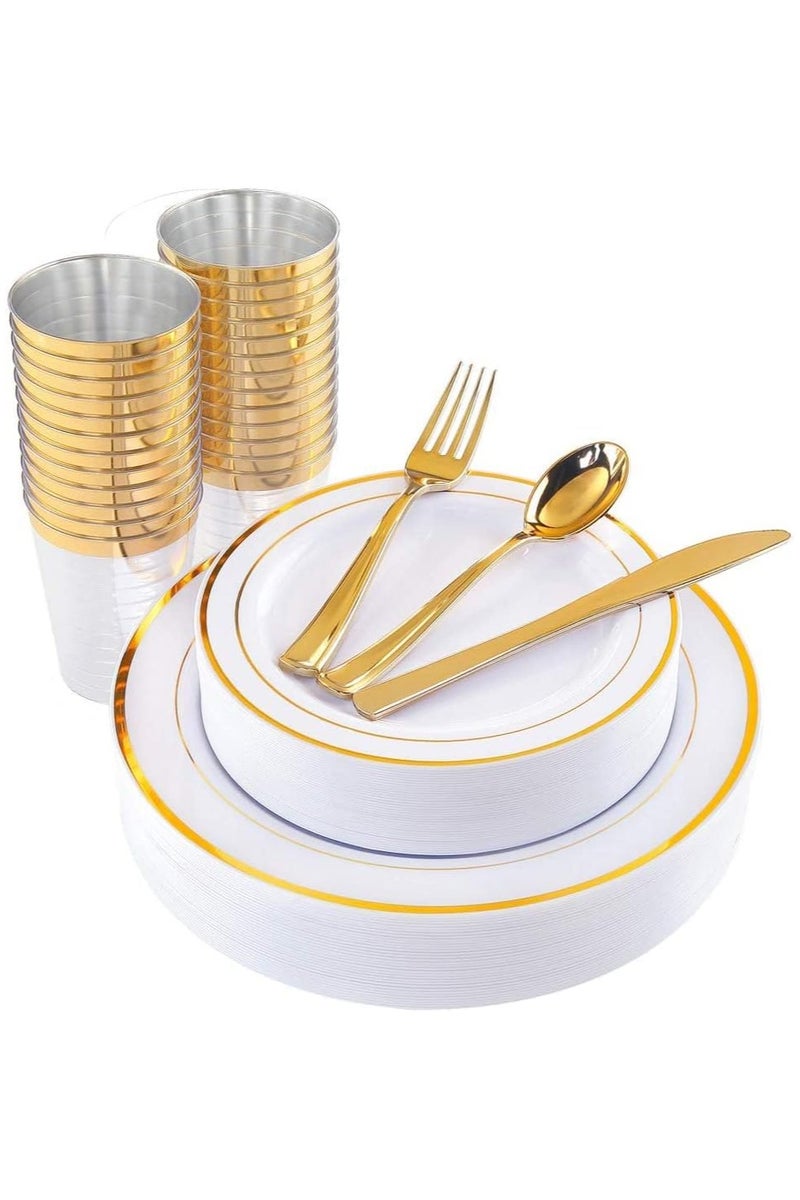 AIWANTO 150-Piece Gold Rim Disposable Dinnerware Set for 25 Guests – Elegant Party Pack with Cutlery, Cups & Plates - Image 1