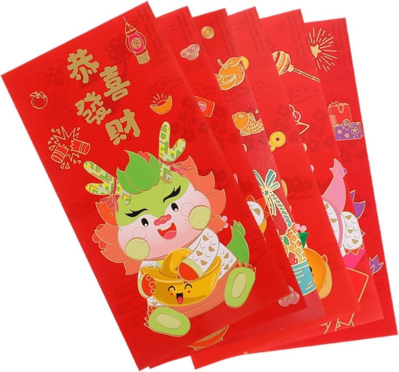 Red Envelope Set 6pcs Chinese New Year Dragon Gold Foil Hongbao Money Packets - Image 1