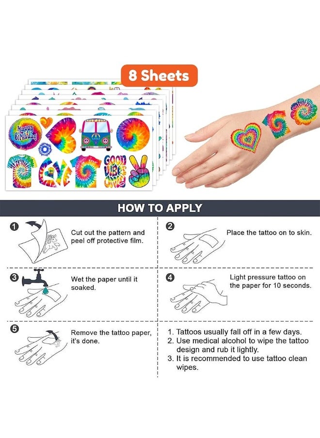 Generic - Tie dye 90s Temporary Tattoos Birthday Themed Party Supplies Favors Decorations Decor 8 Sheets 96 PCS Colorful Cute Stickers Tattoo for Class School Prizes Gift for Kids Girls Boys Carnival Rewards - Image 1
