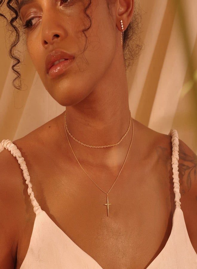 Fettero Cross Necklace Faith Pendant 14K Plated Dainty Chain Minimalist Simple Tiny God Lords Prayer Religious Jewelry, 0.9" x 0.6", Metal, Cubic Zirconia - Image 2
