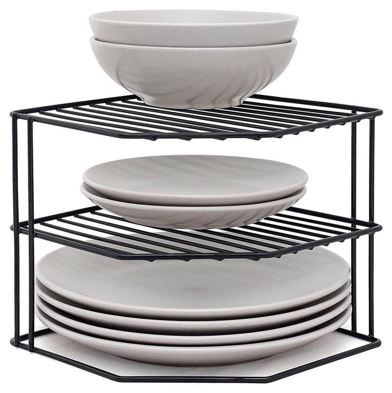 رف اطباق زاوية من 3 طبقات، فكرة لتخزين وتنظيم المطبخ، منظم خزانة مصنوع من الحديد ومطلى بدهان مقاوم للصدأ( اسود) - Image 1