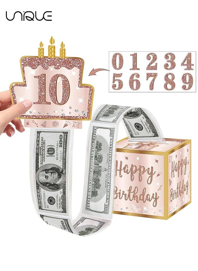 يونيك حقائب هدايا الحفلات ، صندوق هدايا عيد ميلاد سعيد مع بطاقة قابلة للسحب ، طريقة ممتعة لتقديم النقود كهدايا (وردي مع ملصق) - Image 1