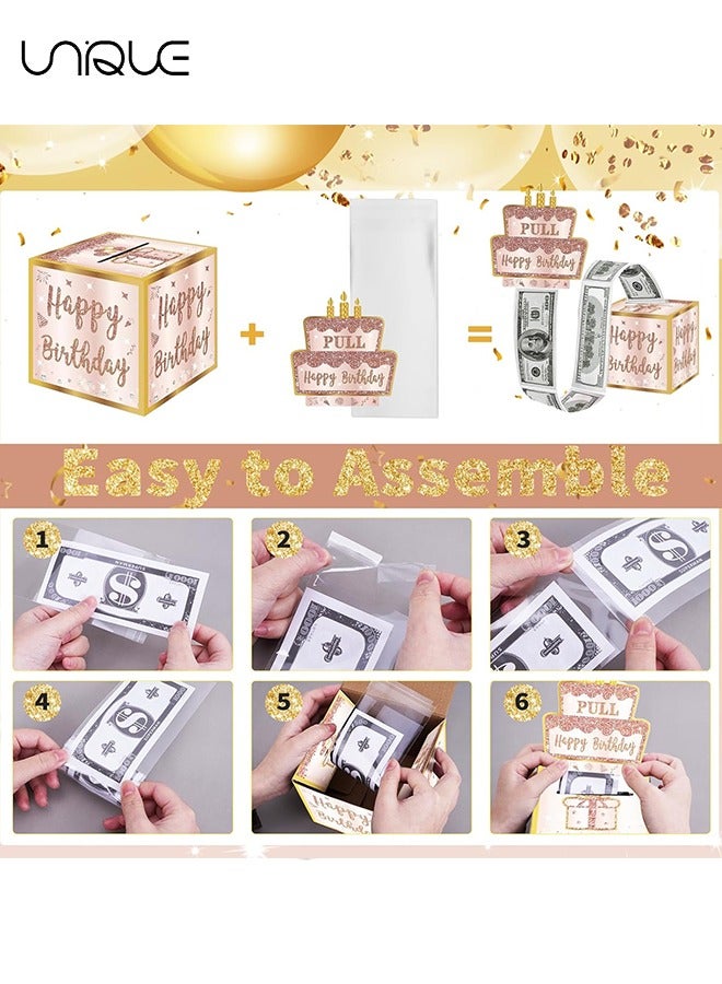يونيك حقائب هدايا الحفلات ، صندوق هدايا عيد ميلاد سعيد مع بطاقة قابلة للسحب ، طريقة ممتعة لتقديم النقود كهدايا (وردي مع ملصق) - Image 3
