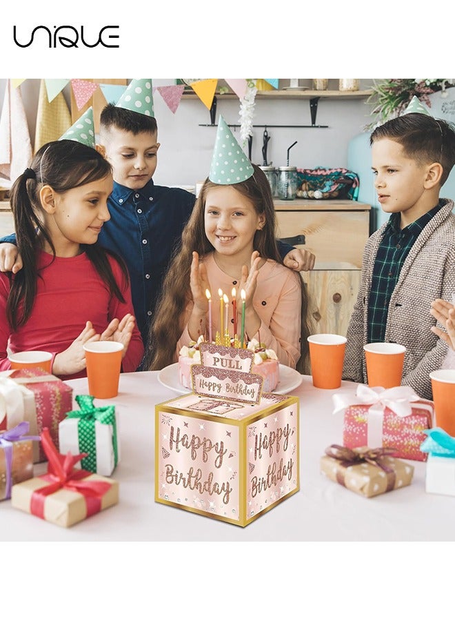 يونيك حقائب هدايا الحفلات ، صندوق هدايا عيد ميلاد سعيد مع بطاقة قابلة للسحب ، طريقة ممتعة لتقديم النقود كهدايا (وردي مع ملصق) - Image 4