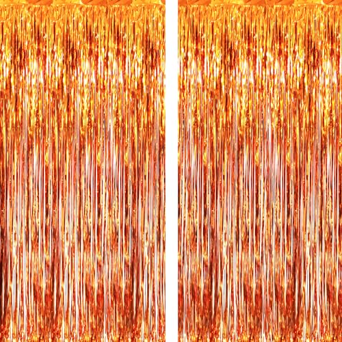 GOER 6.4 ft x 8.2 ft Metallic Tinsel Foil Fringe Curtains,Pack of 2 Party Streamer Backdrop for Birthday,Graduation Decorations and New Year Eve (Orange) - Image 2