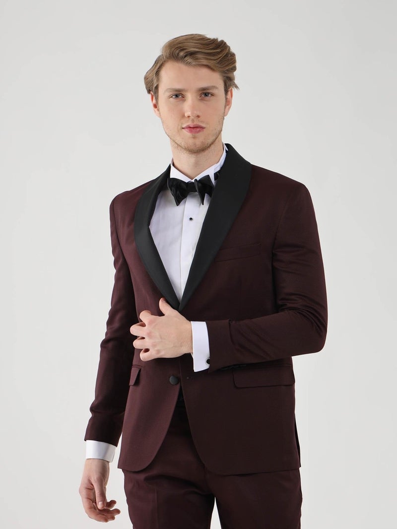 Dufy Claret Red Men's Slim Fit Pointed Collar Tuxedo Suit  - Image 1