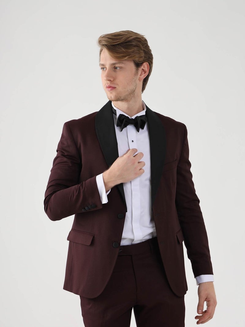 Dufy Claret Red Men's Slim Fit Pointed Collar Tuxedo Suit  - Image 3
