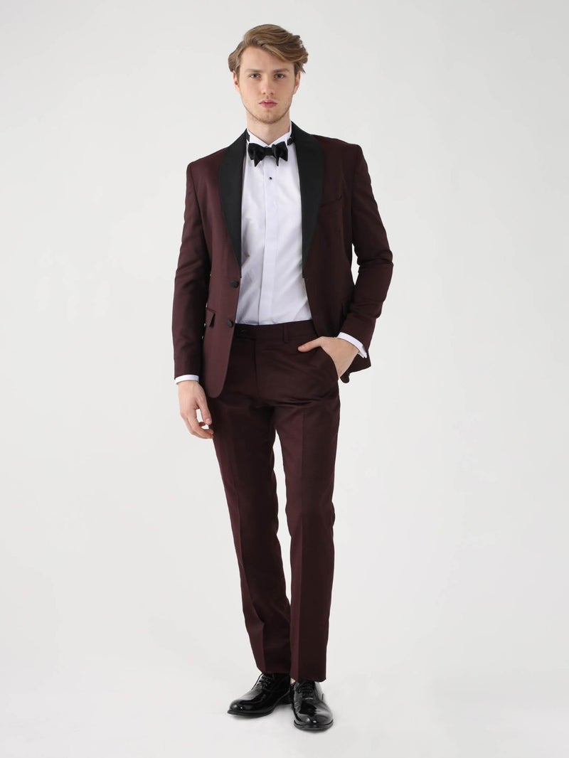 Dufy Claret Red Men's Slim Fit Pointed Collar Tuxedo Suit  - Image 4