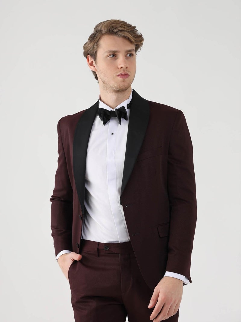 Dufy Claret Red Men's Slim Fit Pointed Collar Tuxedo Suit  - Image 2